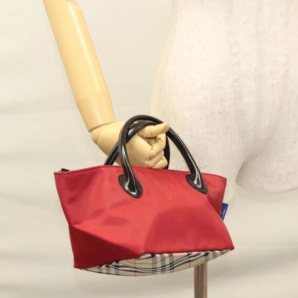 BURBERRY Nova Check Blue Label Hand Bag Nylon Beige Silver Auth - Picture 1 of 16